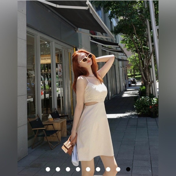 NEW! AIR SPACE Hollow Stitching Thin Shoulder Mini Dress (Vanilla) - Picture 3 of 8